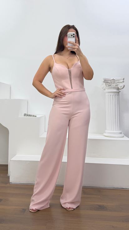 Pudra İnci İşlemeli Şifon Ceketli Büyük Beden Abiye Pantolon Takım