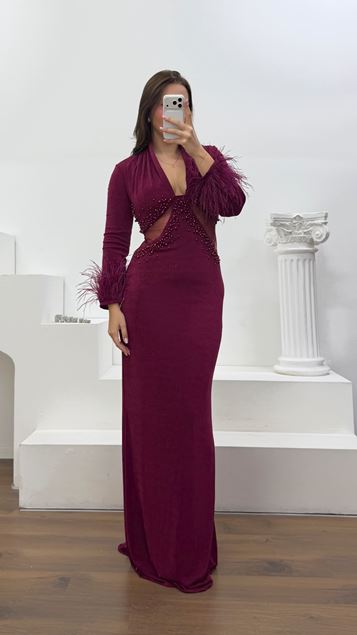 Bordo Kolları Tüylü Büyük Beden  Abiye Elbise