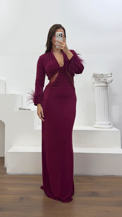 Bordo Kolları Tüylü Büyük Beden  Abiye Elbise