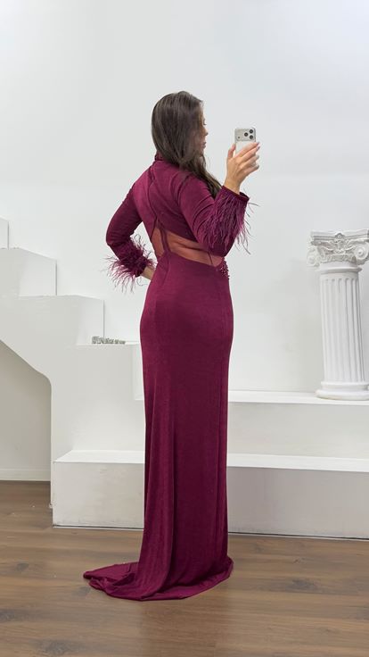 Bordo Kolları Tüylü Büyük Beden  Abiye Elbise