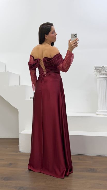 Bordo Saten Korseli Büyük Beden Abiye Elbise