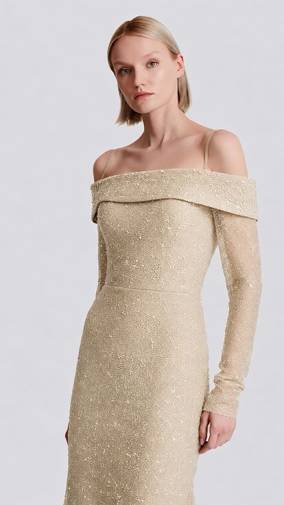Bej Kayık Yaka Işıltılı Abiye Elbise