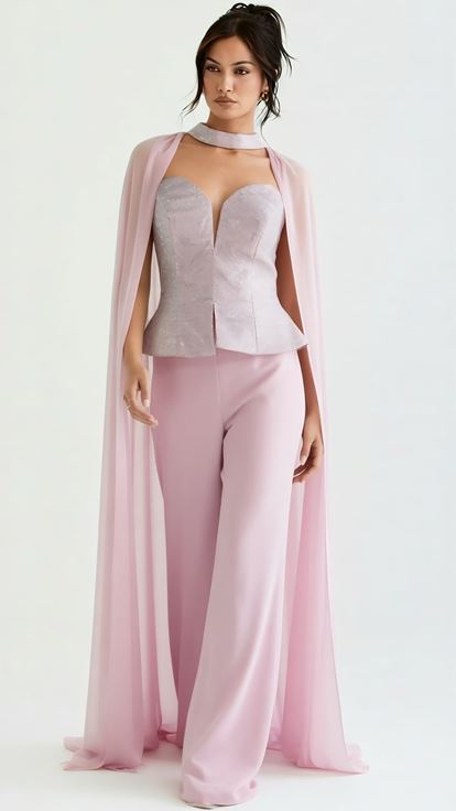 Pembe Peplum Kesim Abiye Tulum
