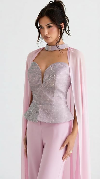 Pembe Peplum Kesim Abiye Tulum