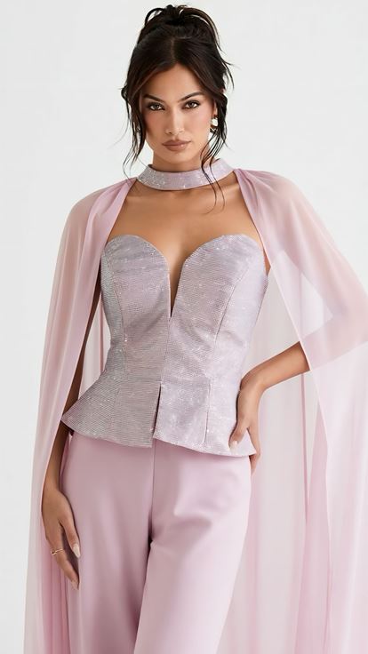 Pembe Peplum Kesim Abiye Tulum