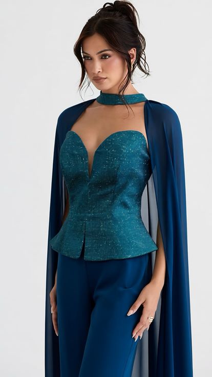 Petrol Peplum Kesim Abiye Tulum