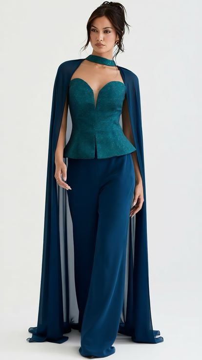 Petrol Peplum Kesim Abiye Tulum