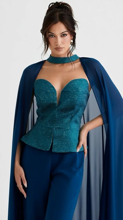 Petrol Peplum Kesim Abiye Tulum