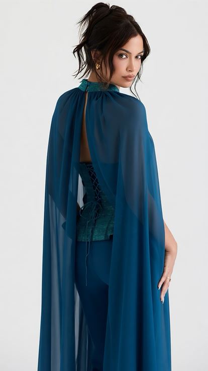 Petrol Peplum Kesim Abiye Tulum