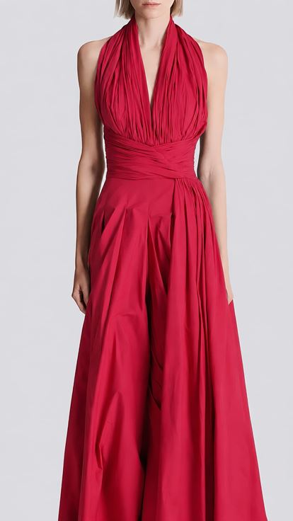 Korallenfarbener Abend Jumpsuit mit Neckholder und weitem Bein