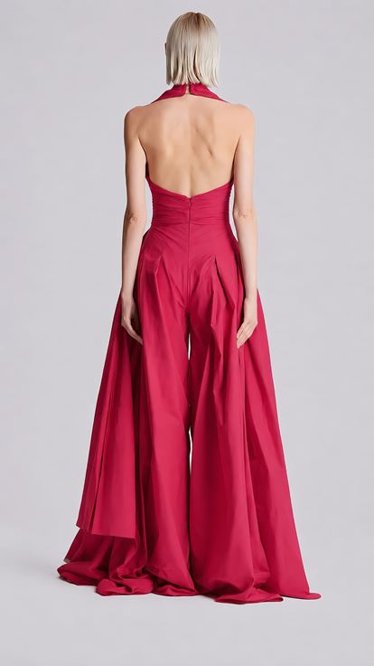 Korallenfarbener Abend Jumpsuit mit Neckholder und weitem Bein