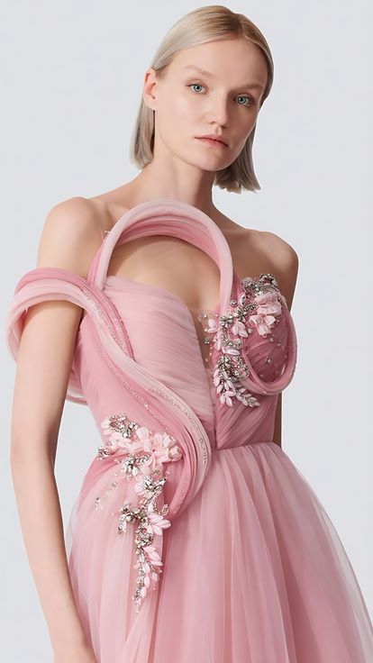 Robe de soirée en tulle rose poudré à fleurs