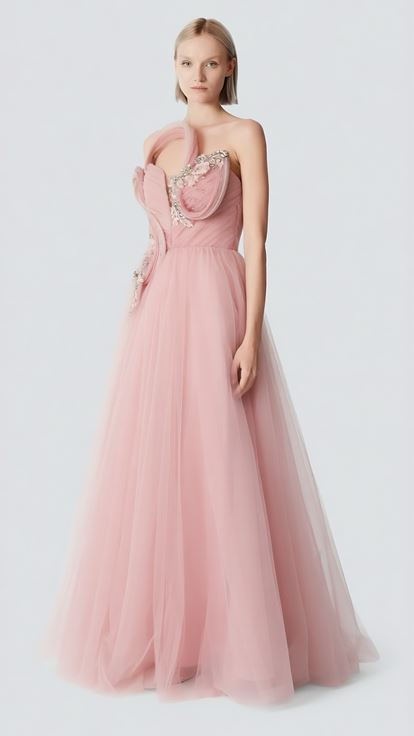 Robe de soirée en tulle rose poudré à fleurs