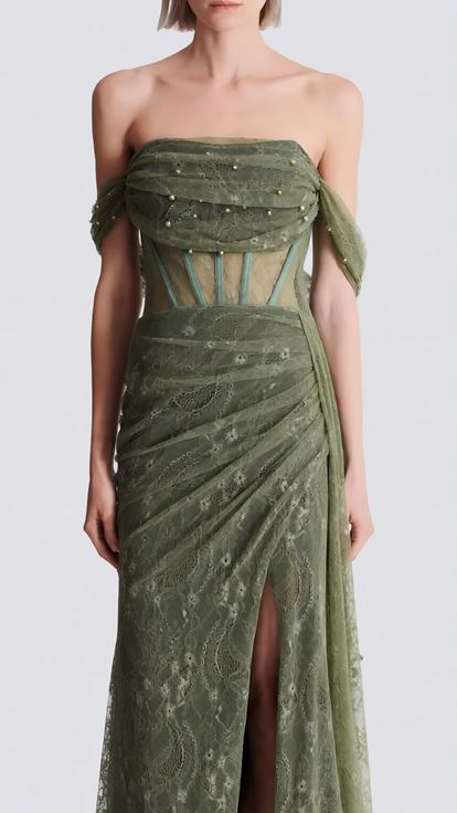 Mint İncili Drape Dantel Abiye Elbise