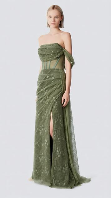 Mint İncili Drape Dantel Abiye Elbise