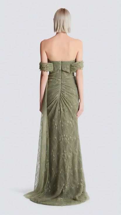 Mint İncili Drape Dantel Abiye Elbise