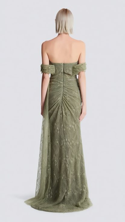 Mint İncili Drape Dantel Abiye Elbise