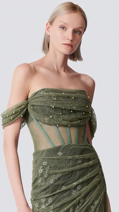 Mint İncili Drape Dantel Abiye Elbise