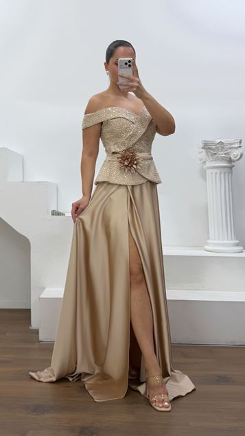 Cappicuno Peplum Detaylı Saten Büyük Beden  Abiye Elbise