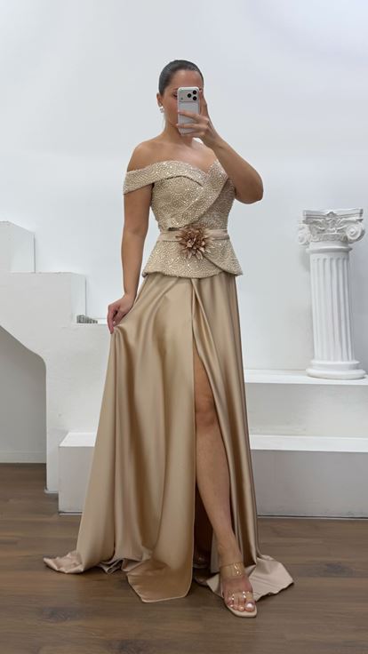 Cappicuno Peplum Detaylı Saten Büyük Beden  Abiye Elbise