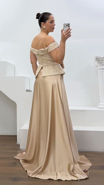Cappicuno Peplum Detaylı Saten Büyük Beden  Abiye Elbise