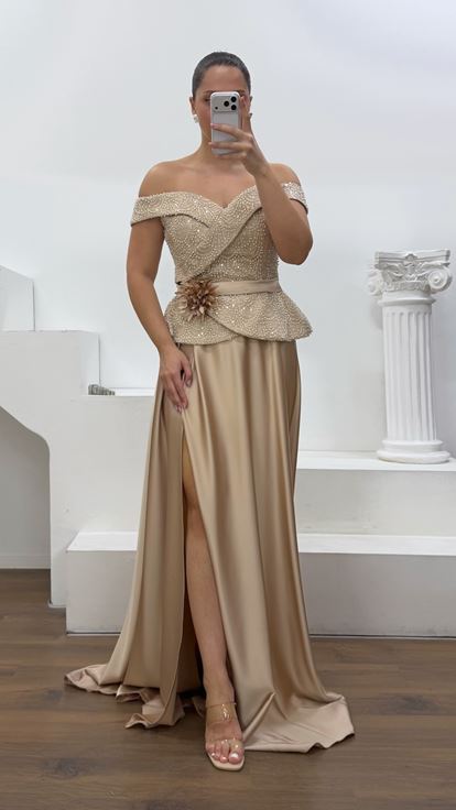 Cappicuno Peplum Detaylı Saten Büyük Beden  Abiye Elbise