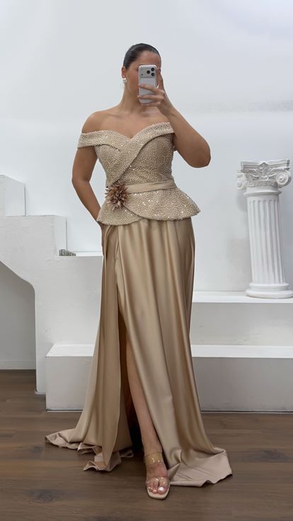 Cappicuno Peplum Detaylı Saten Büyük Beden  Abiye Elbise