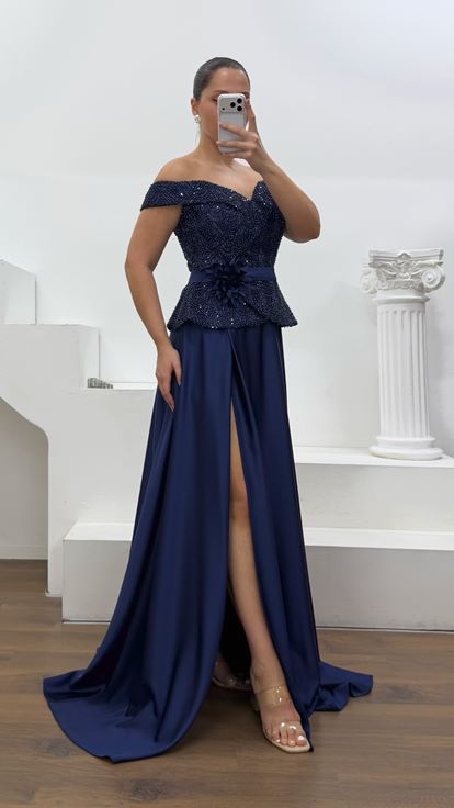 Lacivert Peplum Detaylı Saten Büyük Beden  Abiye Elbise
