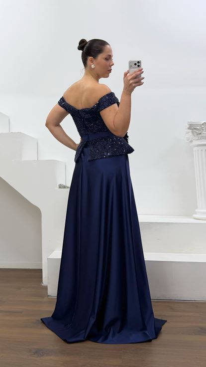 Lacivert Peplum Detaylı Saten Büyük Beden  Abiye Elbise