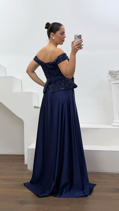 Lacivert Peplum Detaylı Saten Büyük Beden  Abiye Elbise