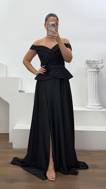 Siyah Peplum Detaylı Saten Büyük Beden  Abiye Elbise