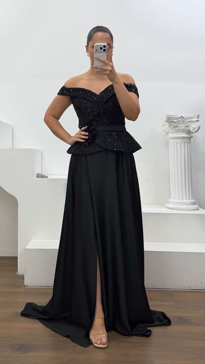Siyah Peplum Detaylı Saten Büyük Beden  Abiye Elbise