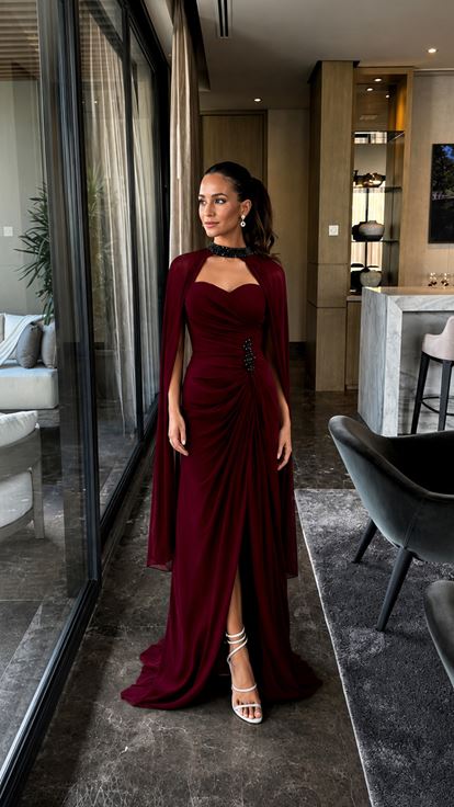 Burgundy Neckline Embroidered Cape Evening Dress
