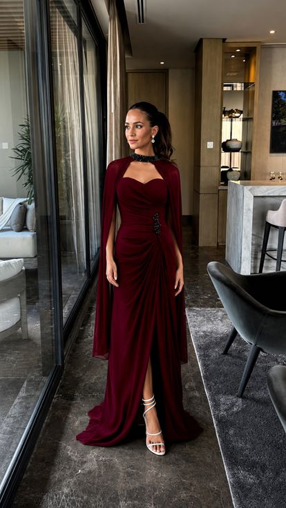 Burgundy Neckline Embroidered Cape Evening Dress