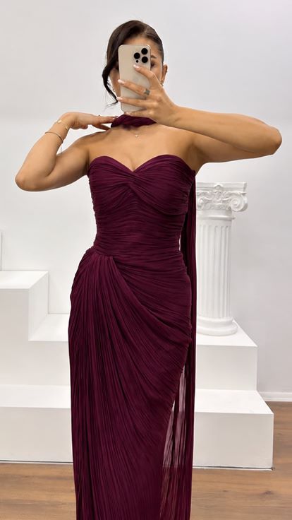 Bordo Straplez Piliseli Abiye Elbise