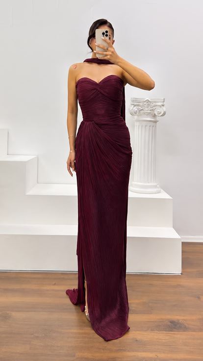 Bordo Straplez Piliseli Abiye Elbise
