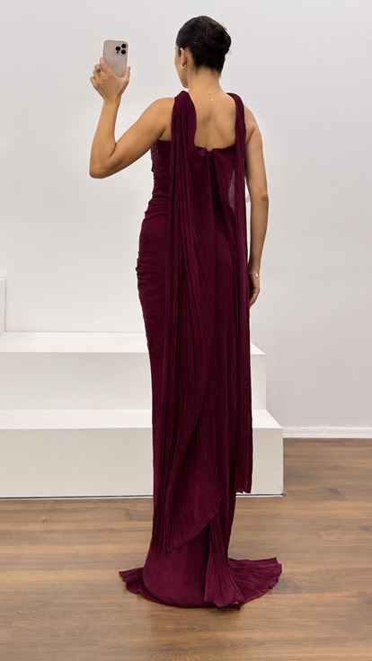 Bordo Straplez Piliseli Abiye Elbise