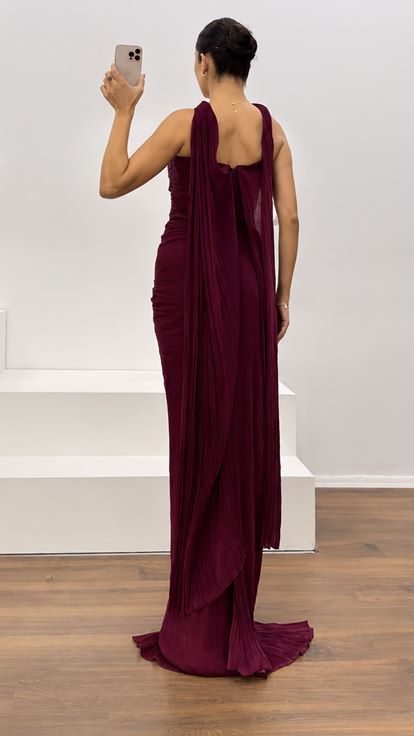 Bordo Straplez Piliseli Abiye Elbise