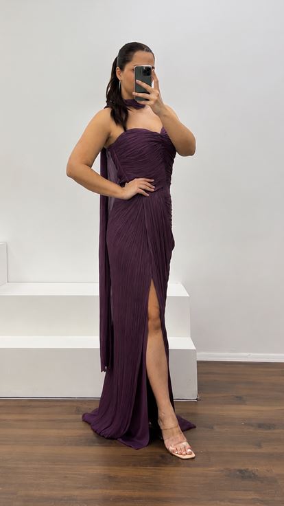 Plum colored Strapless Pleated Plus Size Evening Dress