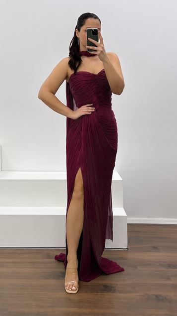 Burgundy Strapless Pleated Plus Size Evening Dress