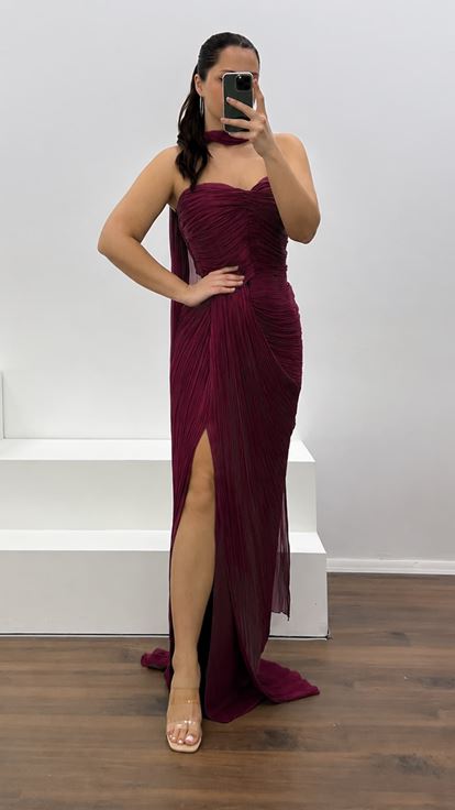 Burgundy Strapless Pleated Plus Size Evening Dress