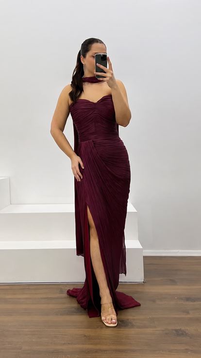 Burgundy Strapless Pleated Plus Size Evening Dress