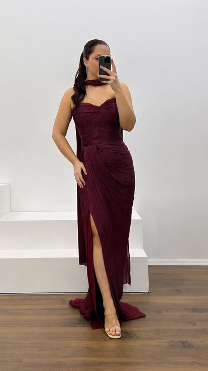 Burgundy Strapless Pleated Plus Size Evening Dress