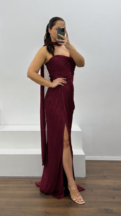 Burgundy Strapless Pleated Plus Size Evening Dress