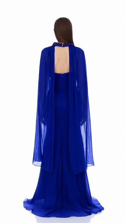 Saks Neckline Embroidered Cape Evening Dress