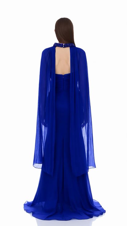 Saks Neckline Embroidered Cape Evening Dress
