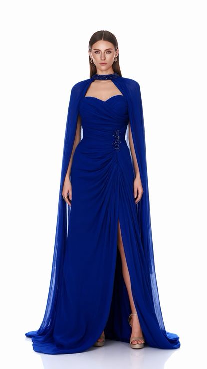 Saks Neckline Embroidered Cape Evening Dress