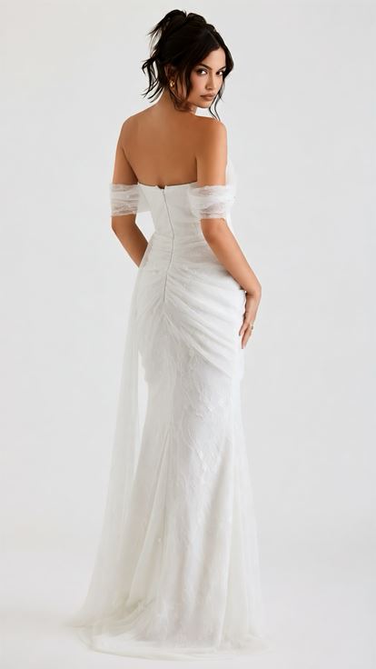 Beyaz İncili Drape Dantel Abiye Elbise