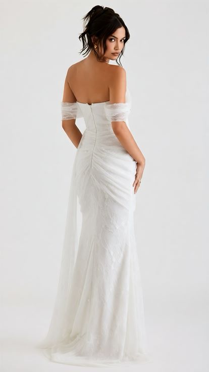 Beyaz İncili Drape Dantel Abiye Elbise