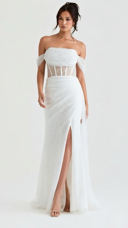 Beyaz İncili Drape Dantel Abiye Elbise